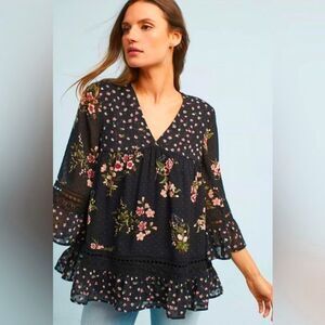 Maeve Anthropologie Steffy Black Pink Floral Boho Bell Sleeve Blouse Small
